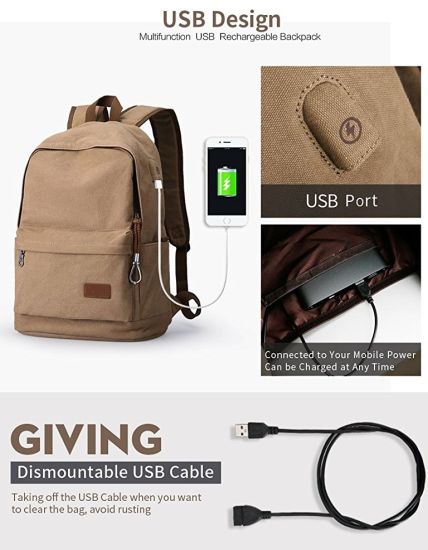 Upoalker Canvas Backpack with USB Charging Port for School Bookbag Travel Daypack for Fits up to 15.6 Inch Laptop (WDB0034)