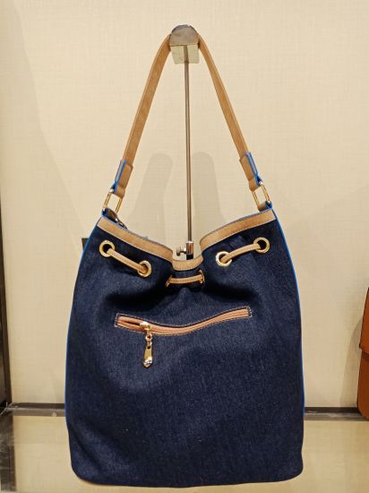 Women Bucket Bag with Revit Designer Handbag Canvas PU Leather Bag (WDL0415)